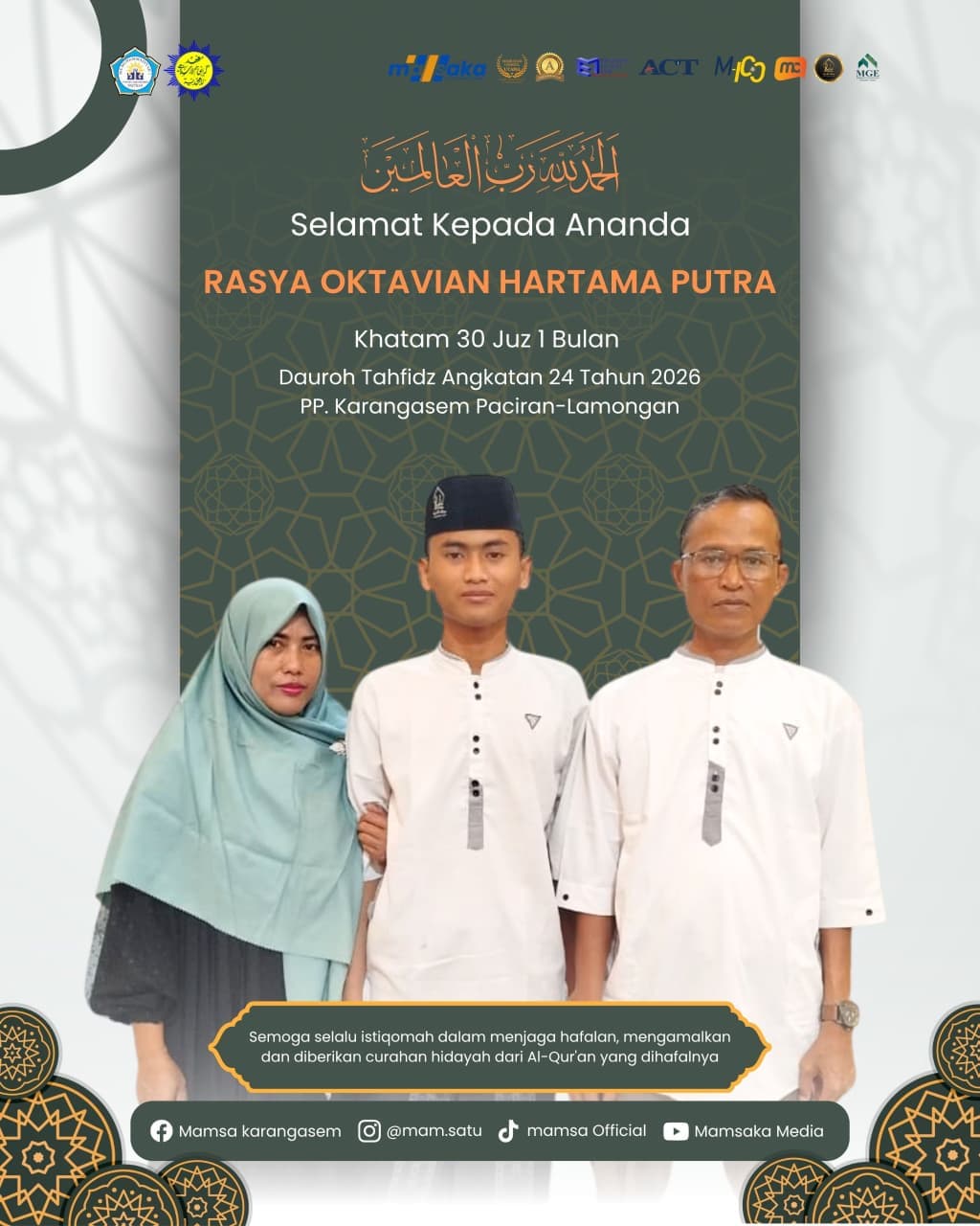 Rasya Oktavian Hartama Putra, khatam 30 juz dalam 1 bulan pada Dauroh Tahfidz Angkatan 24 Tahun 2026, PP. Karangasem Paciran-Lamongan